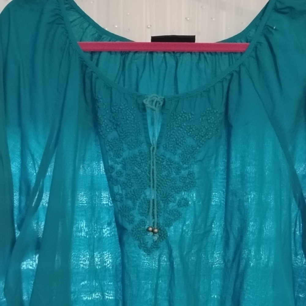 Lane Bryant Woman's Long Sleeve Turquoise Blouse with Crochet Detail - Picture 2 of 7